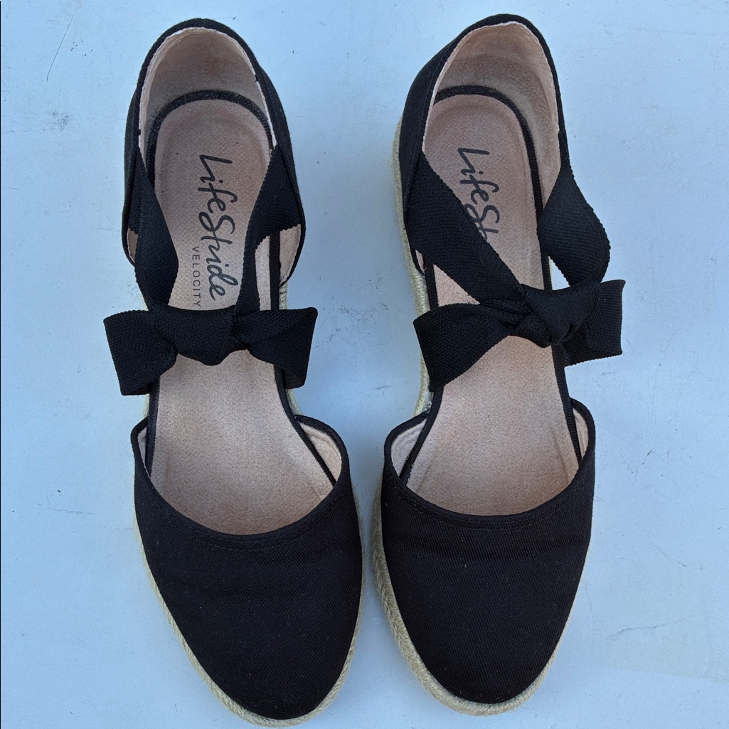 Life Stride Womens Black Espadrille Wedge Shoes Kascade Strappy